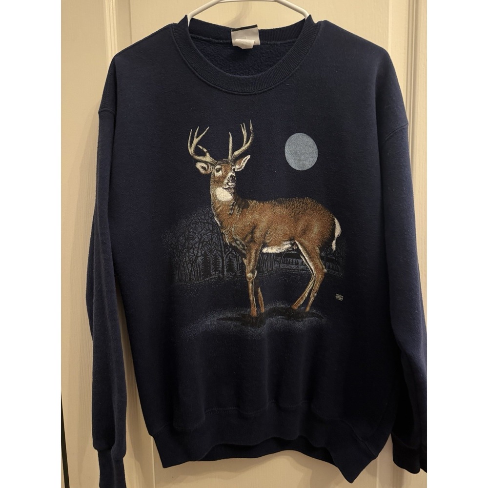 Vintage 90s Deer Graphic Sweatshirt Black Buck Forest Moon Nature Crewneck Mens
